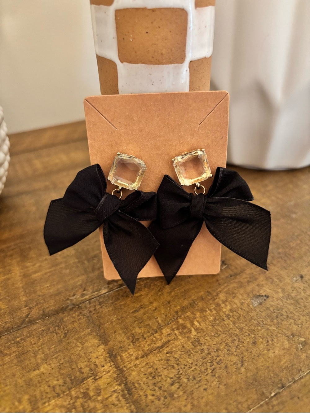 Crystal Stud Earrings with Black Bow Accent